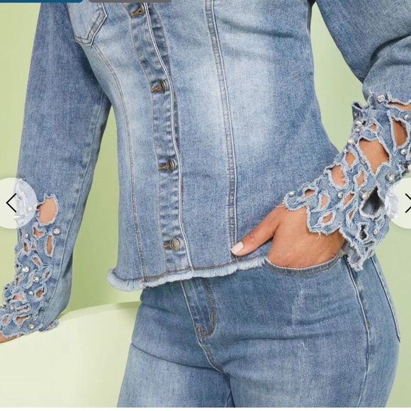 Masseys Modern Denim Jacket with Beautiful Laser Cutout Rhinestone Mix - Picture 2 of 6